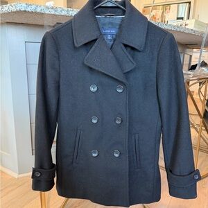Lands' End Classic Black Double-Breasted Wool Pea Coat 2 petite